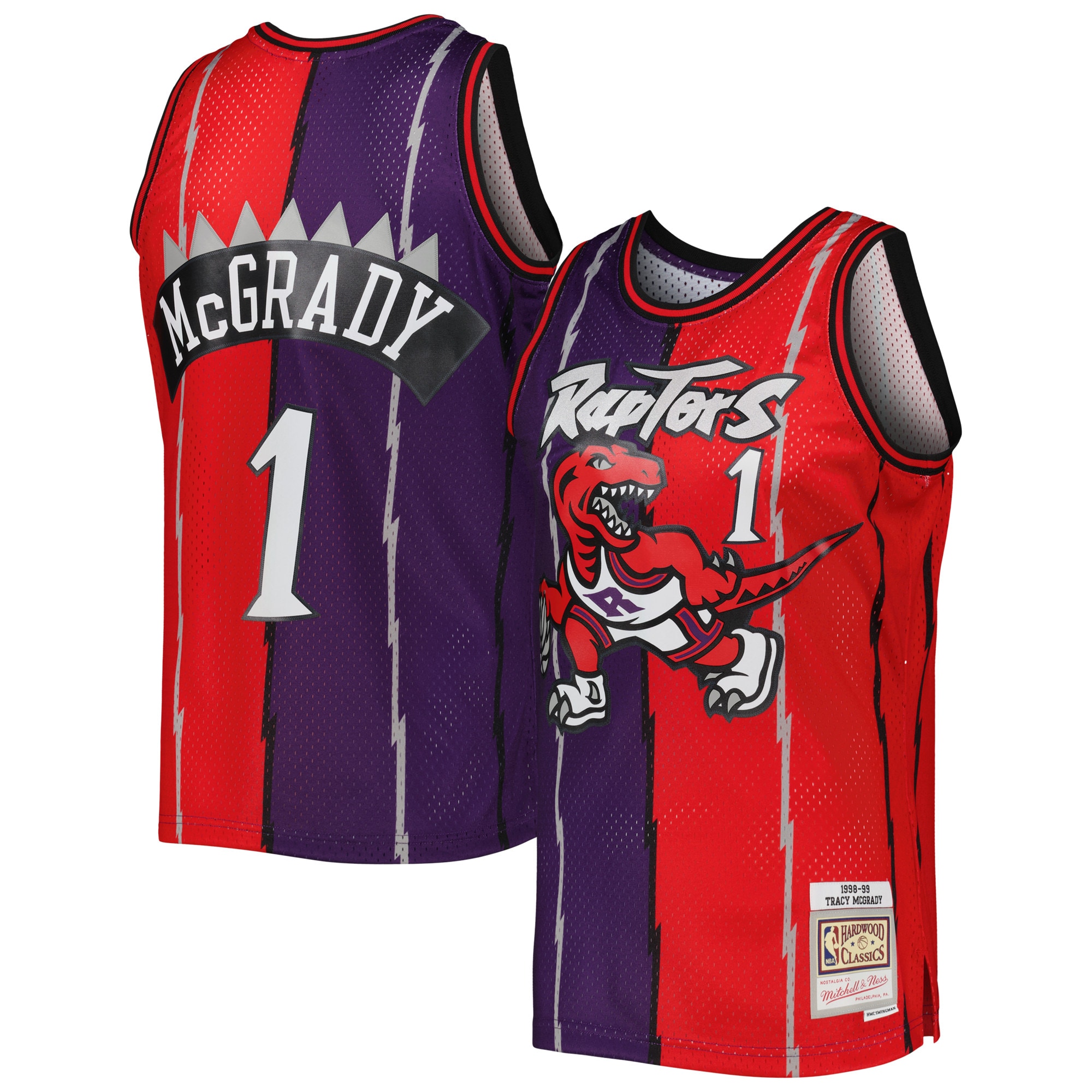 Men's Mitchell & Ness Tracy McGrady Purple/Red Toronto Raptors Hardwood Classics 1998/99 Split Swingman Jersey - JS416