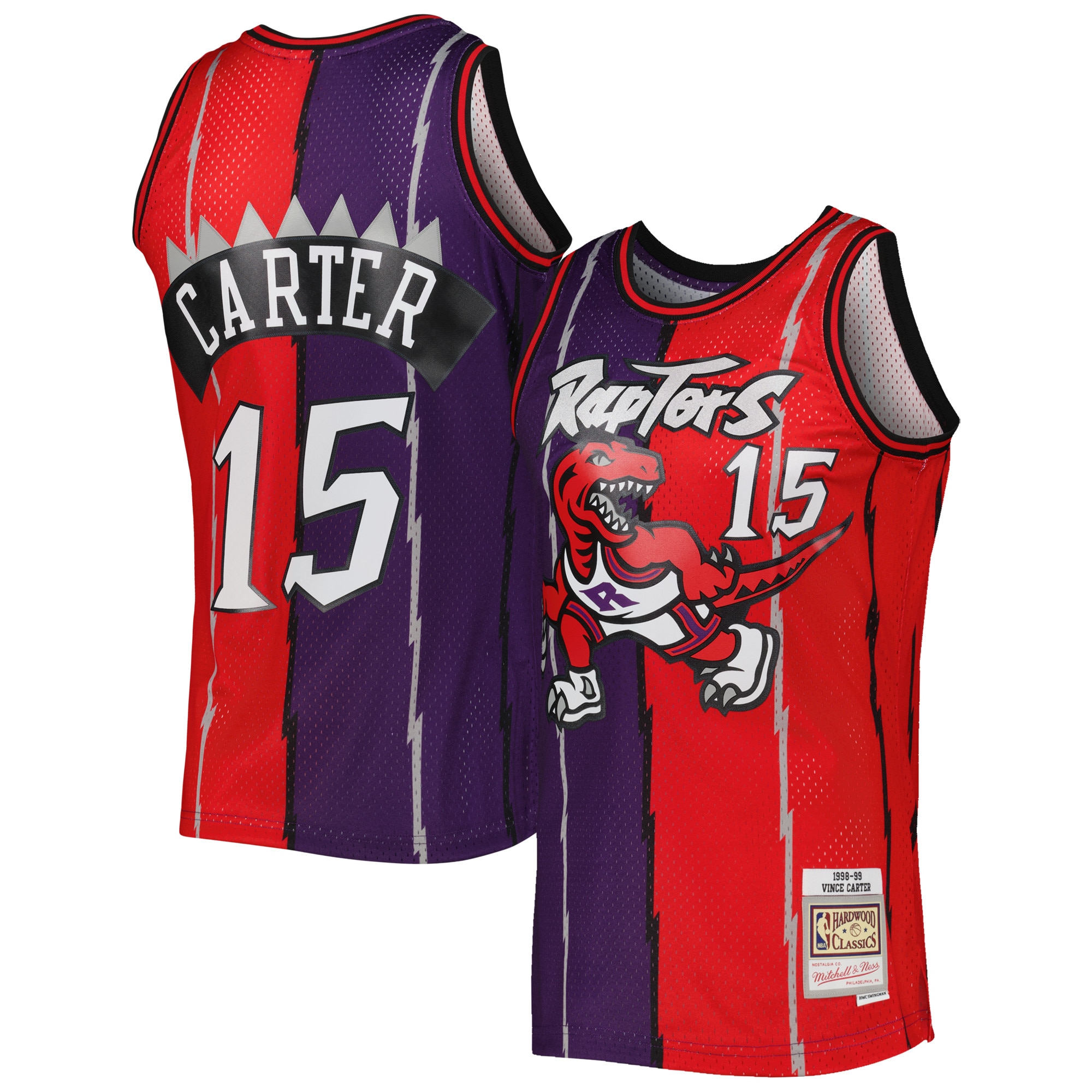 Men's Mitchell & Ness Vince Carter Purple/Red Toronto Raptors Hardwood Classics 1998/99 Split Swingman Jersey - JS282