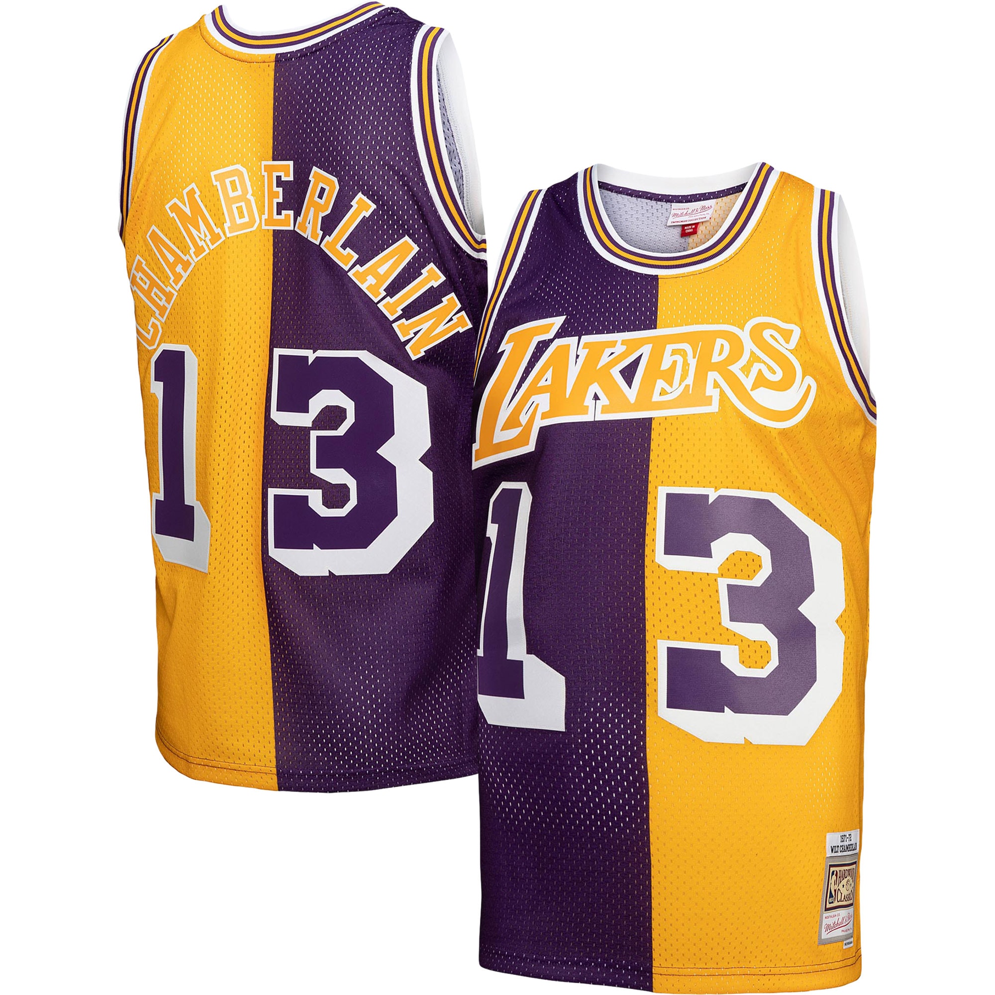Men's Mitchell & Ness Wilt Chamberlain Purple/Gold Los Angeles Lakers Hardwood Classics 1971/72 Split Swingman Jersey - JS706