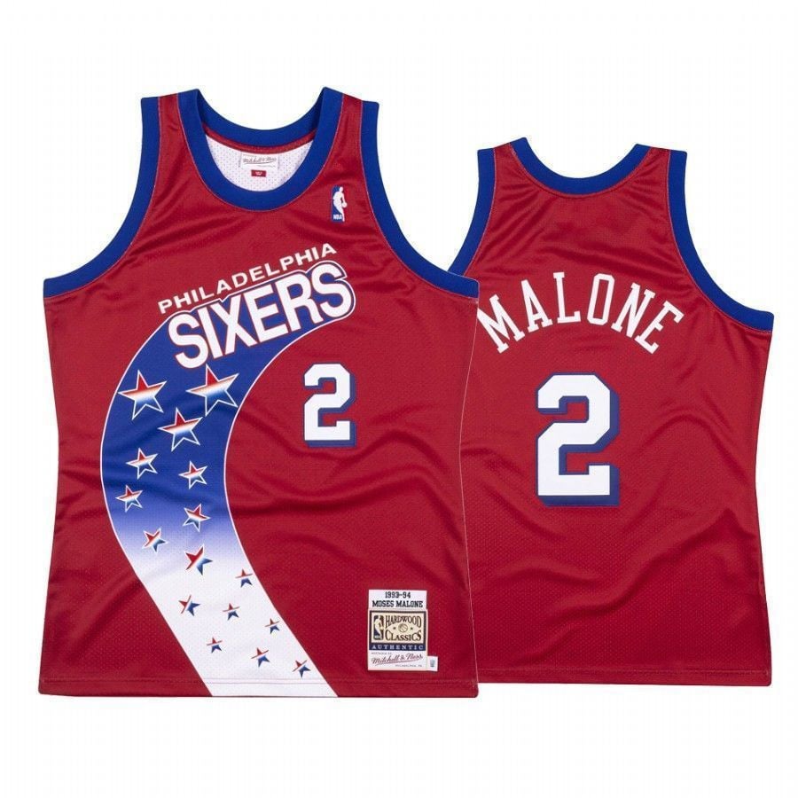 Men's Moses Malone 2 Philadelphia 76ers Red Hardwood Classics Jersey - JS955