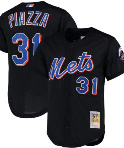 Men's New York Mets Mike Piazza Mitchell & Ness Black Cooperstown Collection Mesh Batting Practice Button-Up Jersey