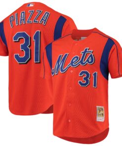 Men's New York Mets Mike Piazza Mitchell & Ness Orange Cooperstown Collection Mesh Batting Practice Button-Up Jersey