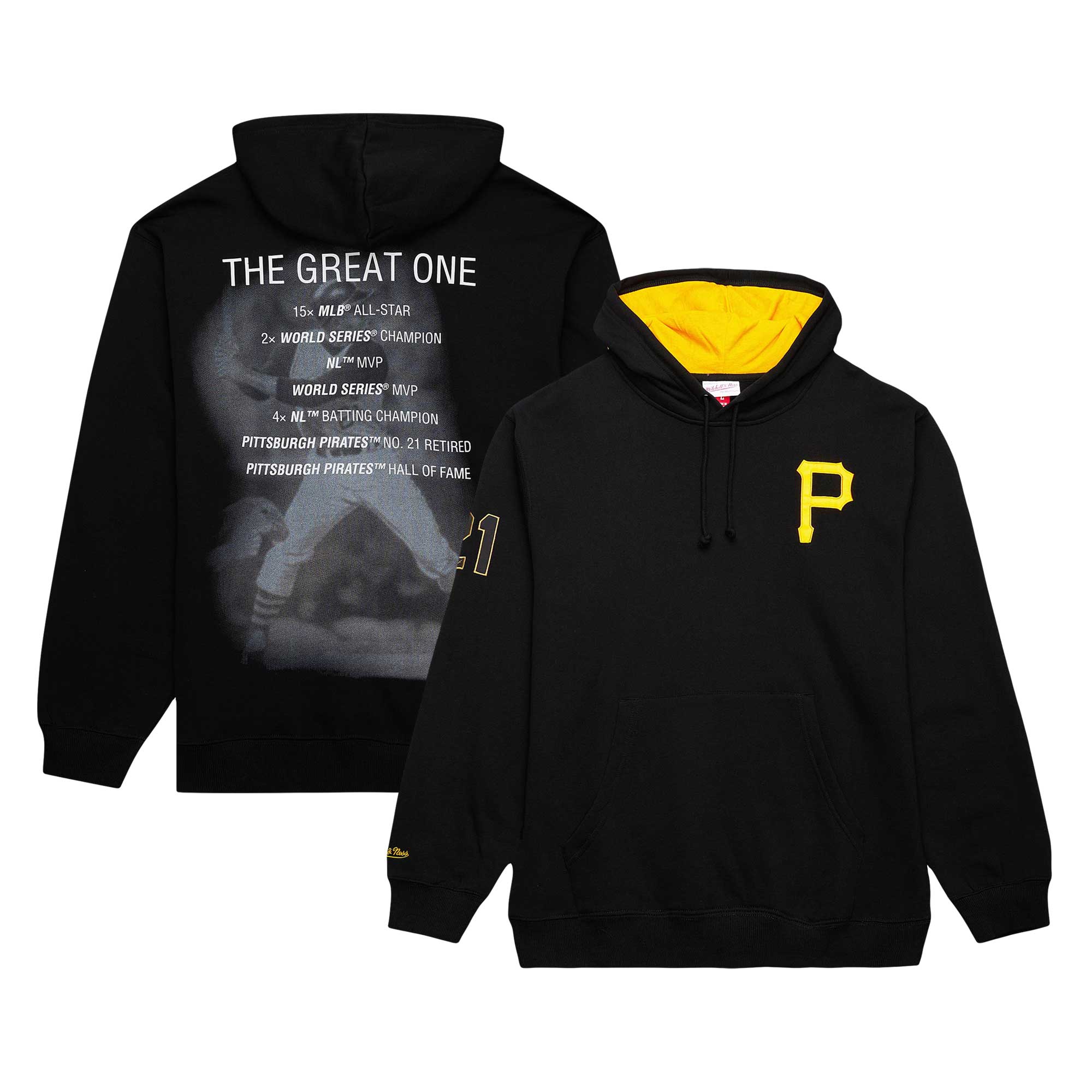 Men's Pittsburgh Pirates Roberto Clemente Mitchell & Ness Black Vintage Logo Name & Number Pullover Hoodie