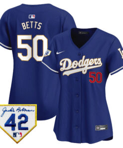 Mookie Betts 50 Los Angeles Dodgers 2024 Jackie Robinson Patch Women Jersey - Royal
