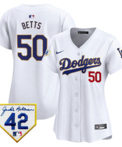 Mookie Betts 50 Los Angeles Dodgers 2024 Jackie Robinson Patch Women Jersey - White