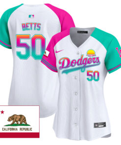 Mookie Betts 50 Los Angeles Dodgers 2024 Los Angeles City Style California Republic Patch Women Jersey - Alternate