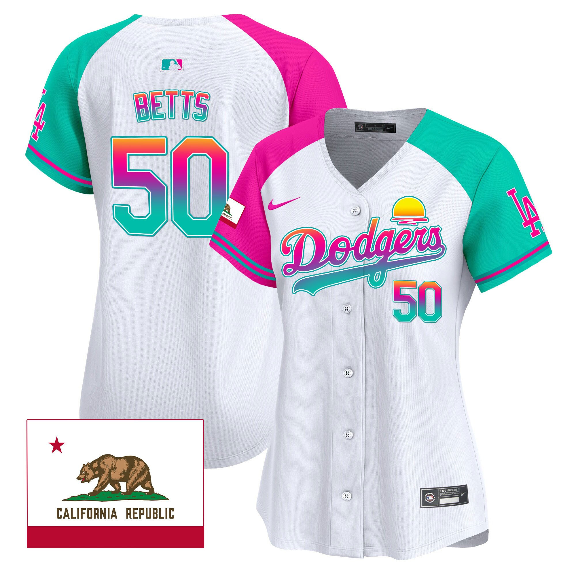 Mookie Betts 50 Los Angeles Dodgers 2024 Los Angeles City Style California Republic Patch Women Jersey - Alternate