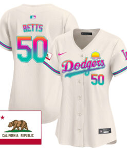 Mookie Betts 50 Los Angeles Dodgers 2024 Los Angeles City Style California Republic Patch Women Jersey - Cream