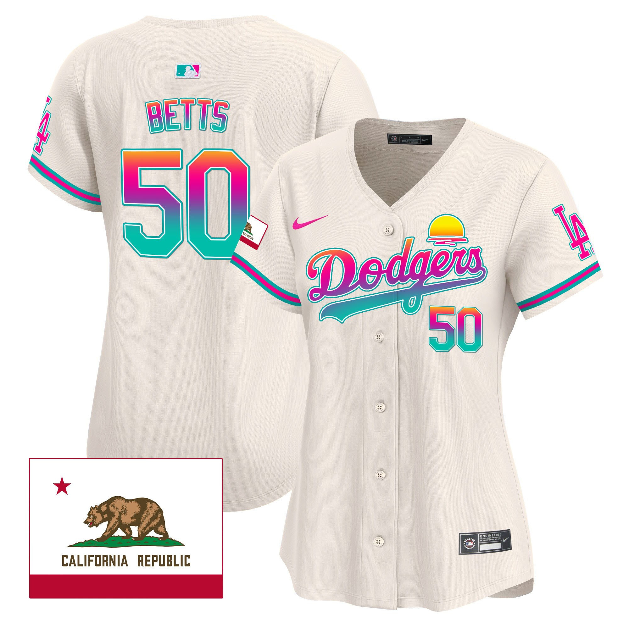 Mookie Betts 50 Los Angeles Dodgers 2024 Los Angeles City Style California Republic Patch Women Jersey - Cream