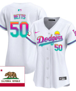 Mookie Betts 50 Los Angeles Dodgers 2024 Los Angeles City Style California Republic Patch Women Jersey - White