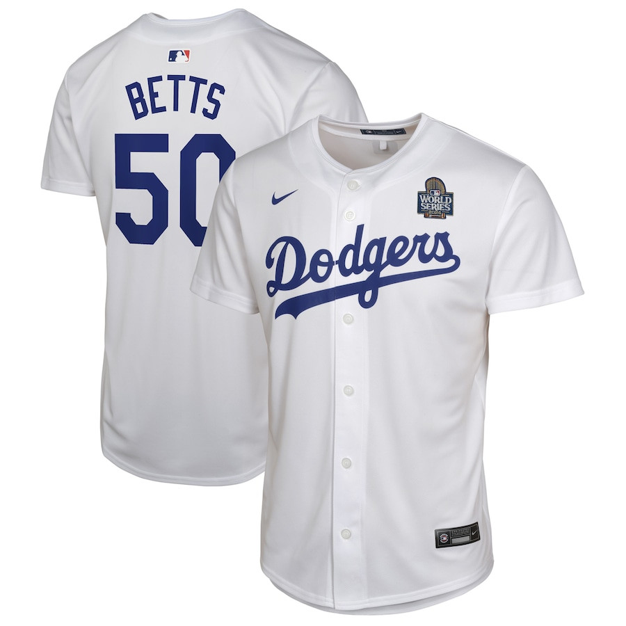 Mookie Betts 50 Los Angeles Dodgers 2024 World Series Game YOUTH Jersey - White