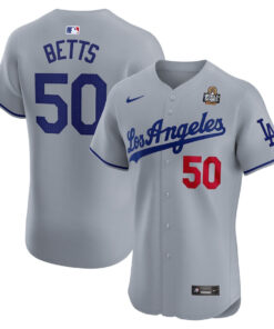 Mookie Betts 50 Los Angeles Dodgers 2024 World Series Road Elite Player Men Jersey - Gray