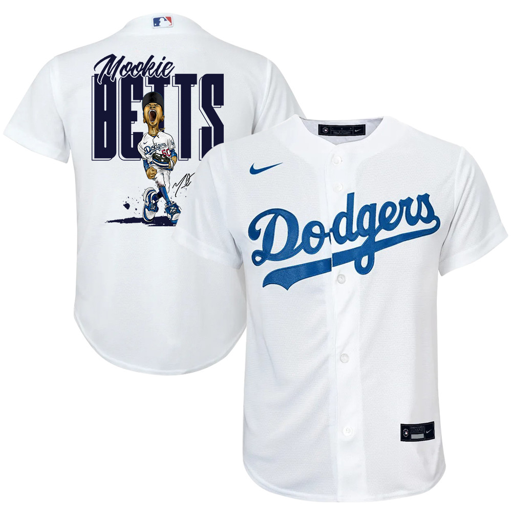 Mookie Betts 50 Los Angeles Dodgers Signed Cartoon 2023 Home Player YOUTH Jersey - White