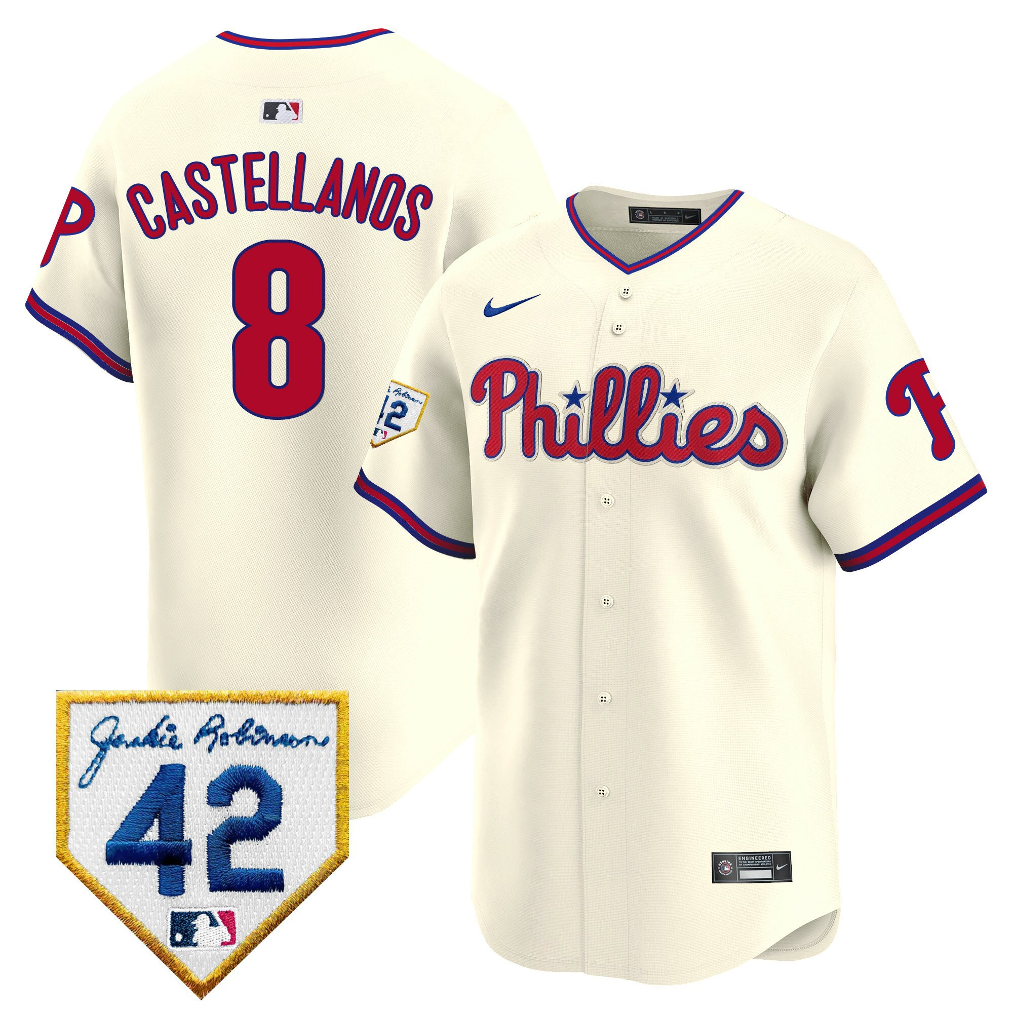 Nick Castellanos 8 Philadelphia Phillies 2024 Jackie Robinson Patch Men Jersey - Cream