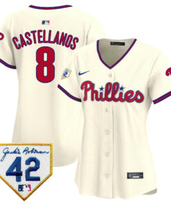 Nick Castellanos 8 Philadelphia Phillies 2024 Jackie Robinson Patch Women Jersey - Cream