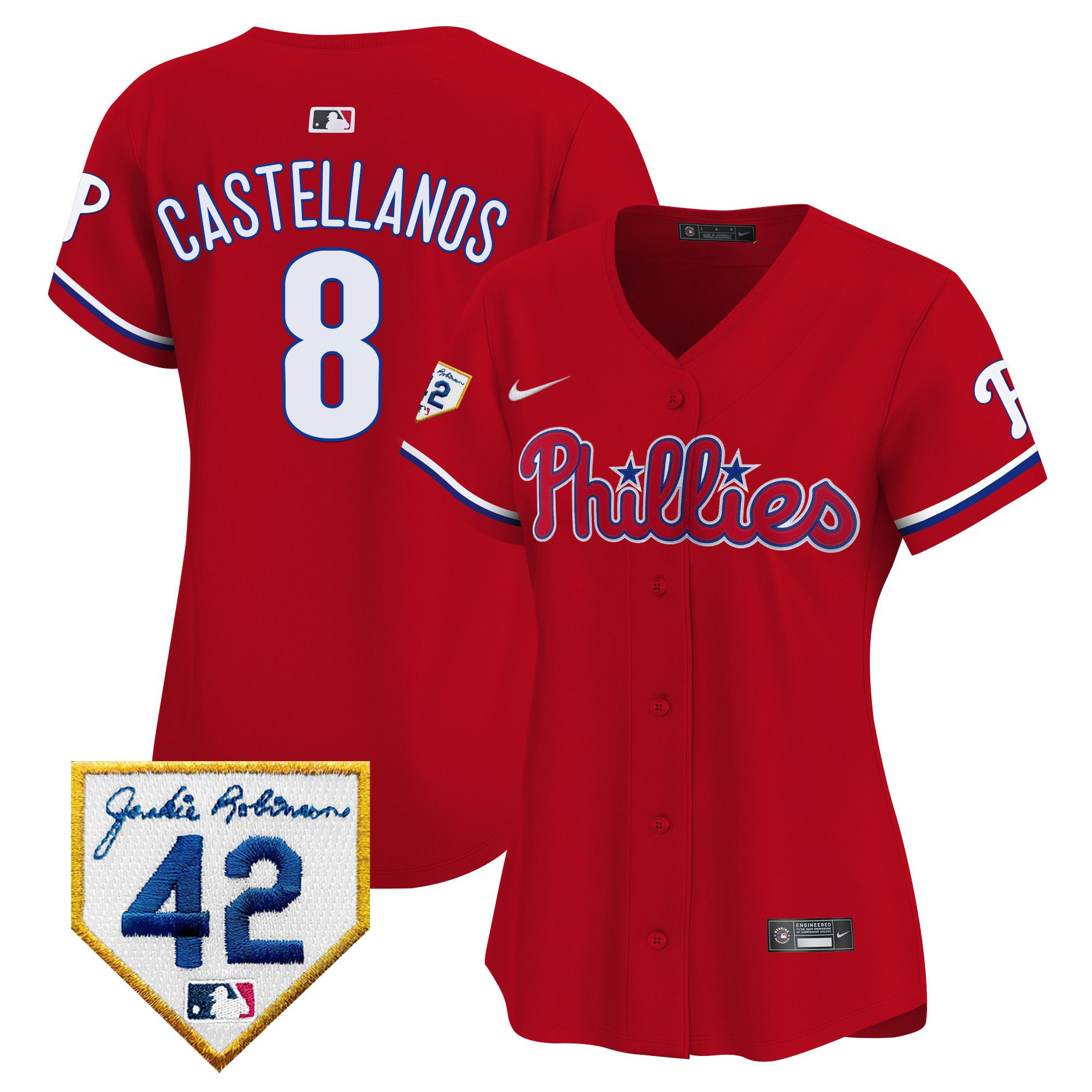 Nick Castellanos 8 Philadelphia Phillies 2024 Jackie Robinson Patch Women Jersey - Red