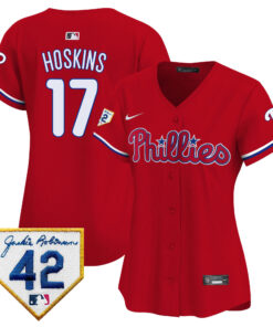 Rhys Hoskins 17 Philadelphia Phillies 2024 Jackie Robinson Patch Women Jersey - Red