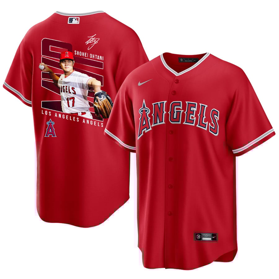 Shohei Ohtani 17 Los Angeles Angels Signed Logo 2023 Alternate Player Men Jersey - Red
