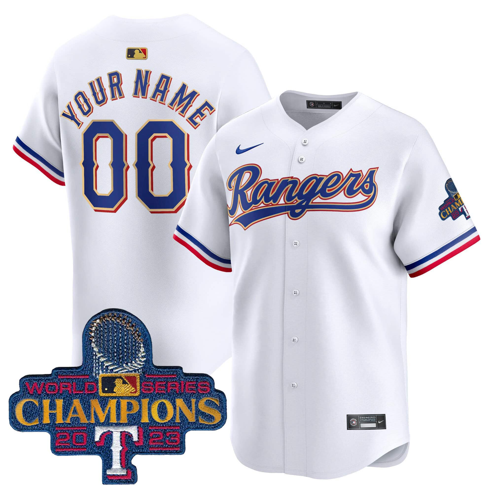 Texas Rangers 2023 World Series Champions Gold Trim Vapor Premier Limited Custom Jersey