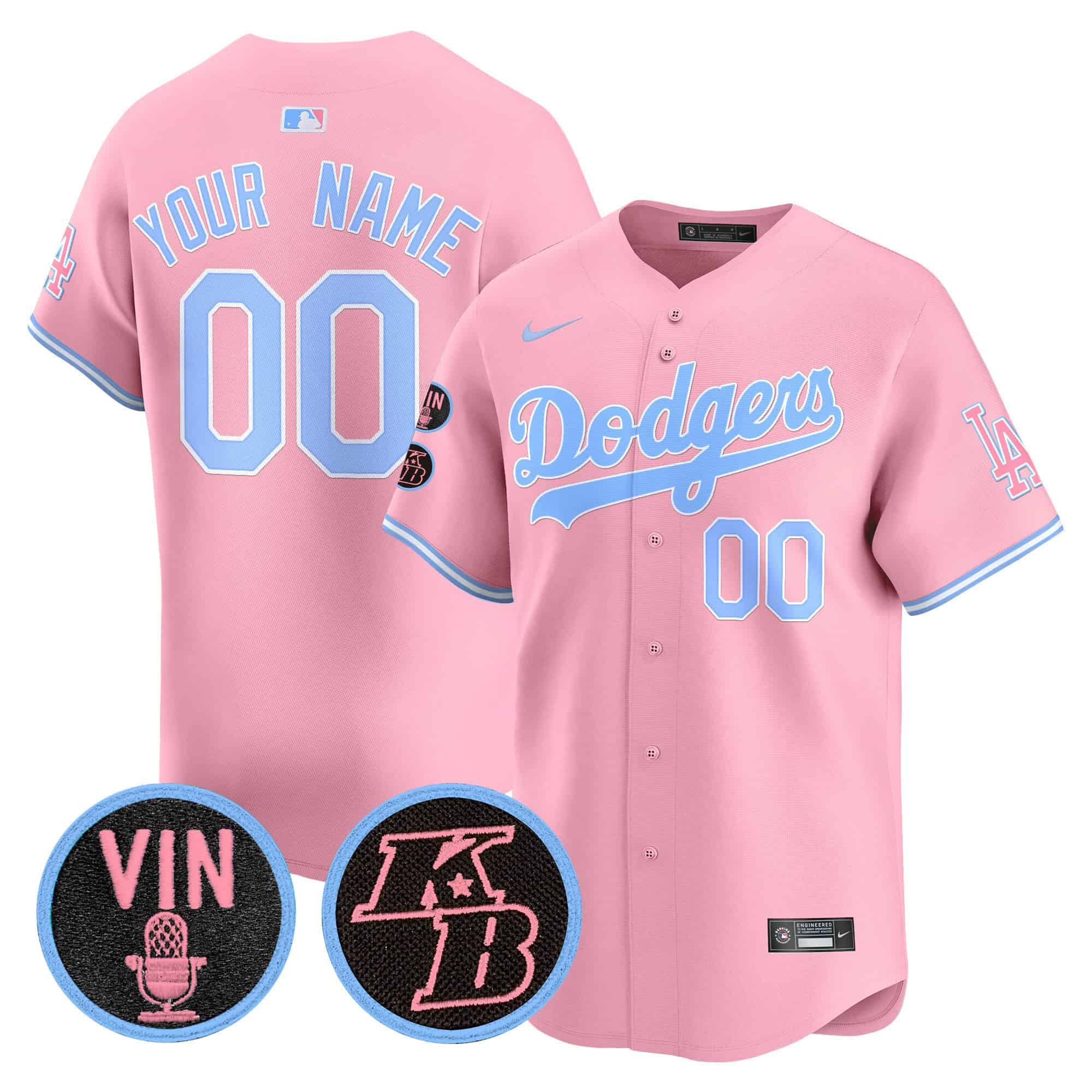 Unisex Dodgers Vin & Kobe Patch Bubblegum Pink Vapor Premier Limited Custom Jersey