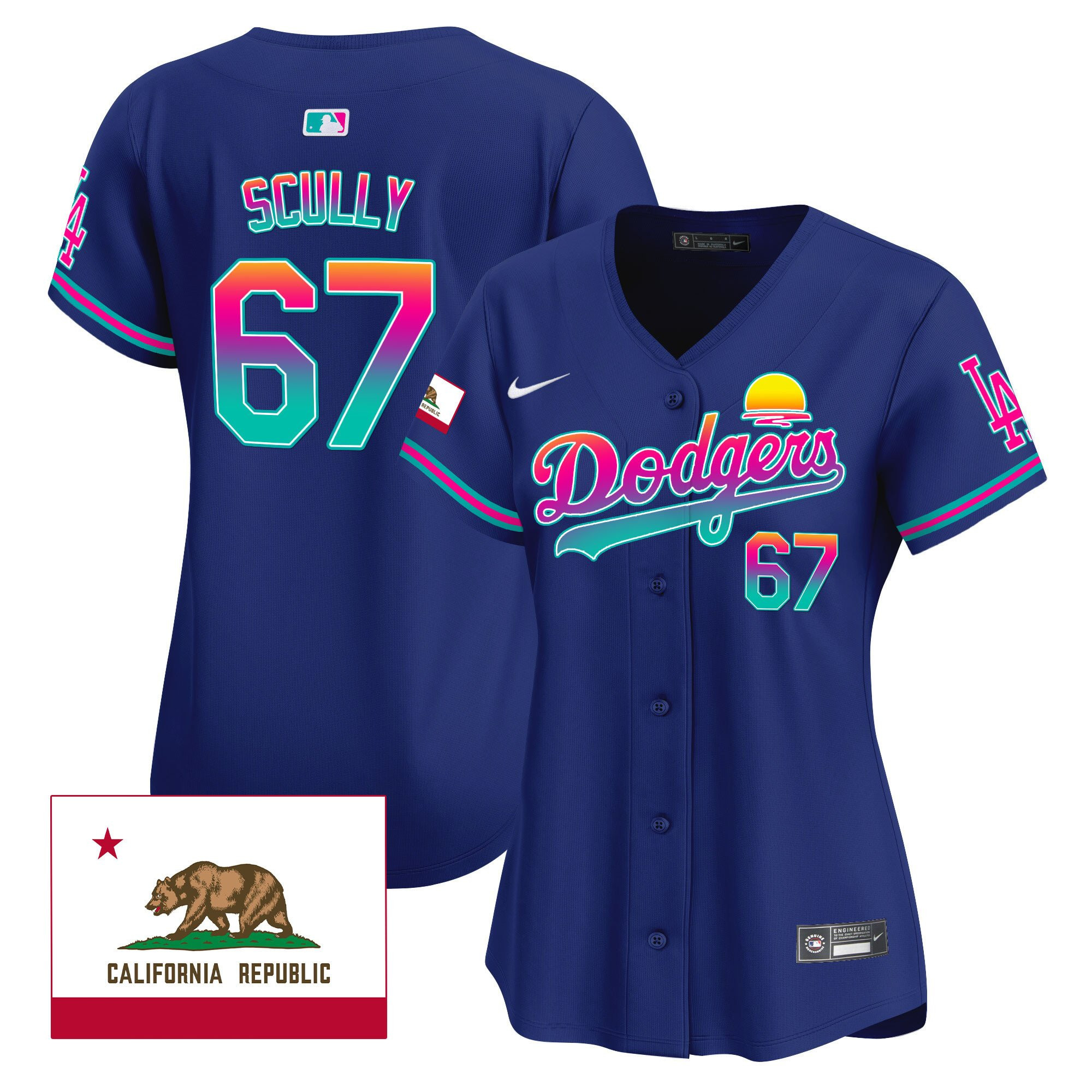 Vin Scully 67 Los Angeles Dodgers 2024 Los Angeles City Style California Republic Patch Women Jersey - Royal