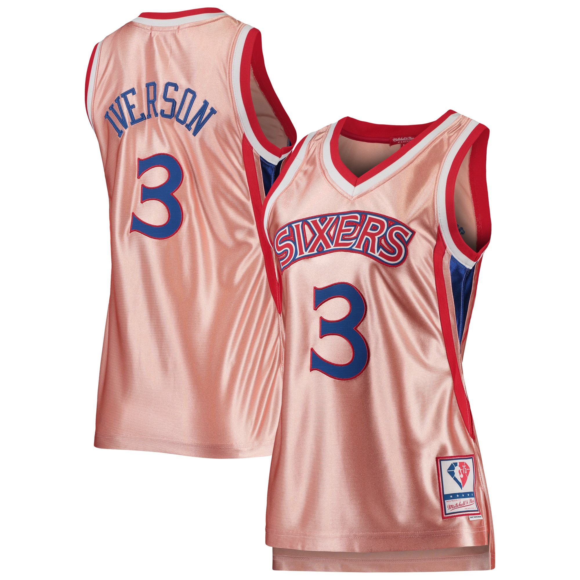 Women's Mitchell & Ness Allen Iverson Pink Philadelphia 76ers 75th Anniversary Rose Gold 1996 Swingman Jersey - JS267