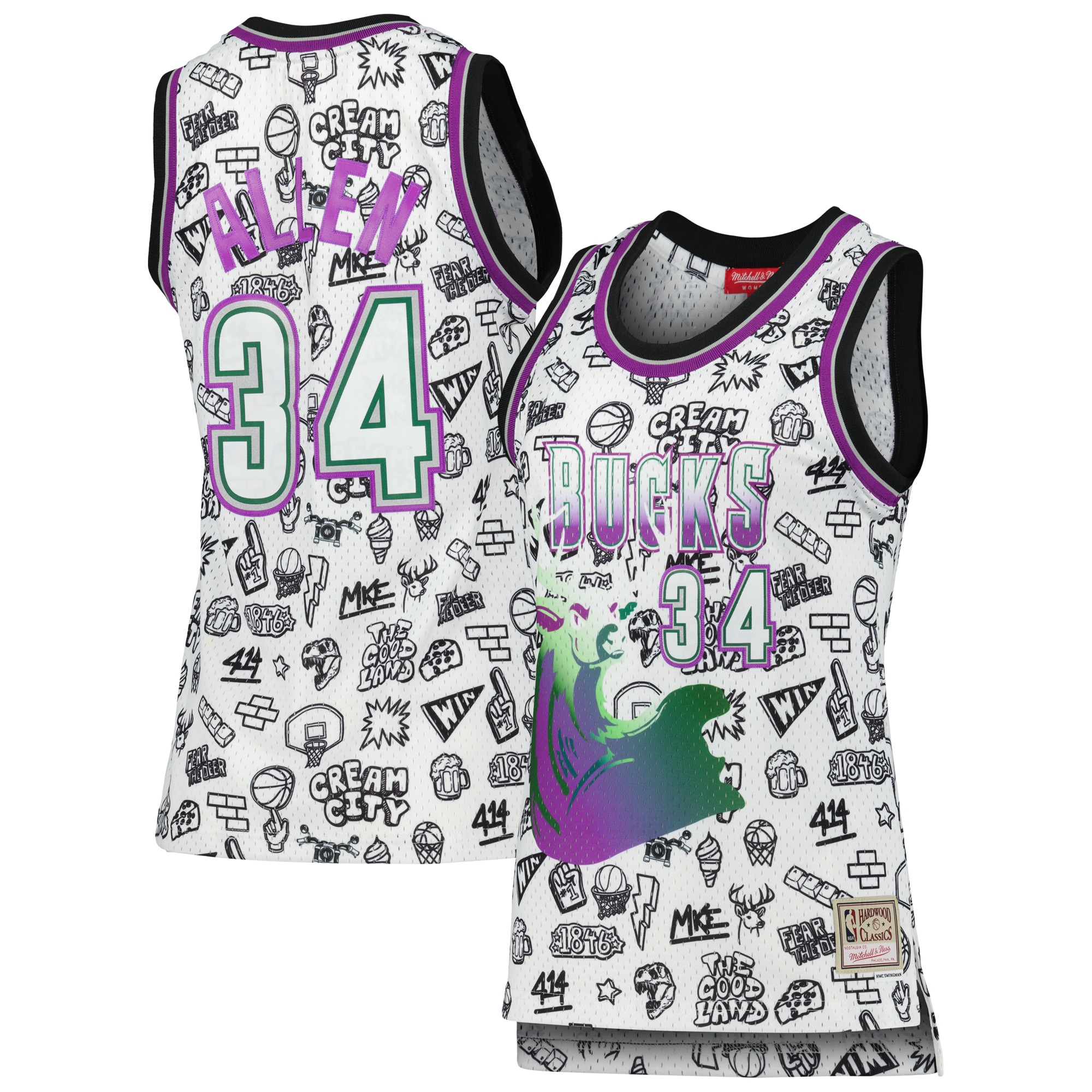 Women's Mitchell & Ness Ray Allen White Milwaukee Bucks 1996 Doodle Swingman Jersey - JS920