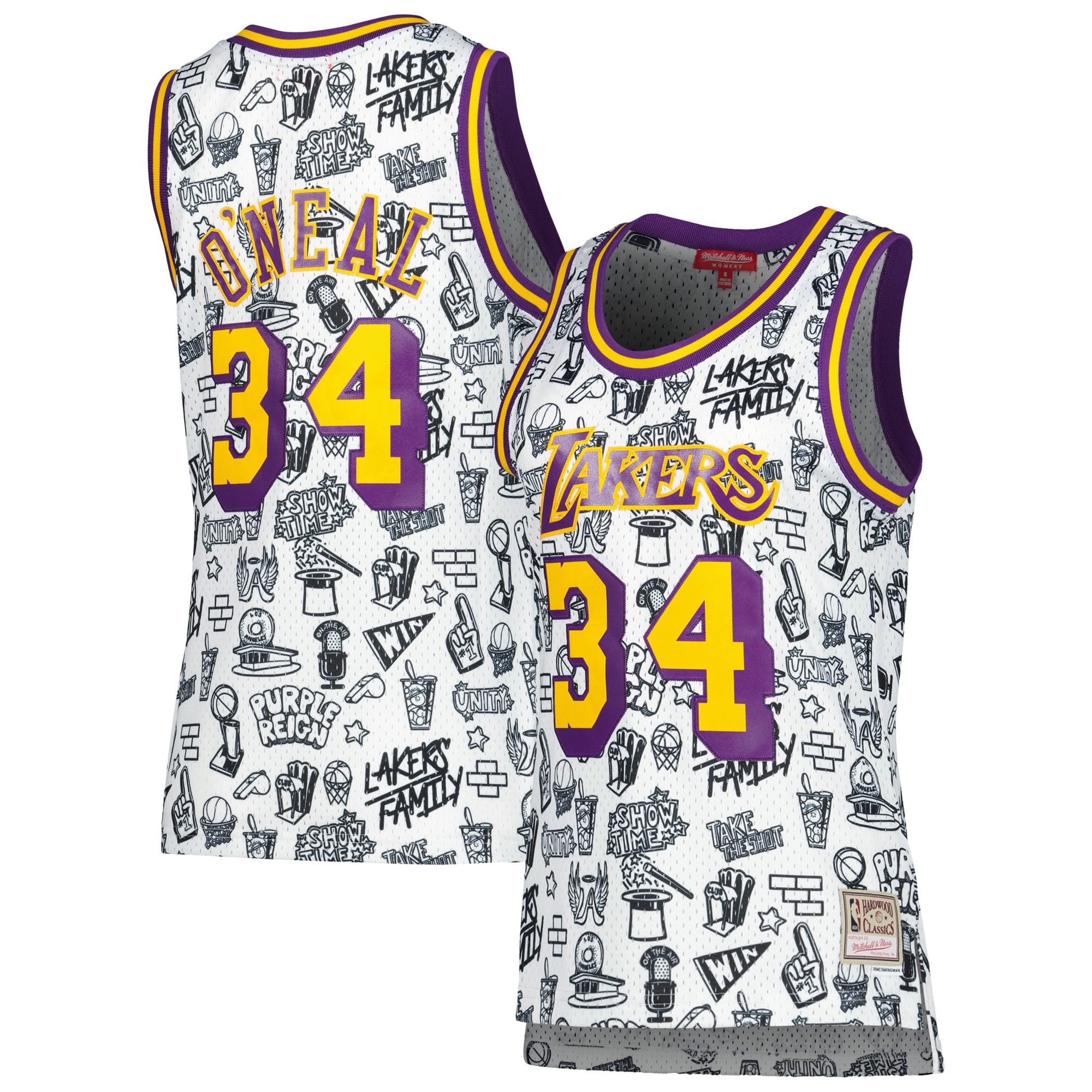 Women's Mitchell & Ness Shaquille O'Neal White Los Angeles Lakers 1996 Doodle Swingman Jersey - JS175