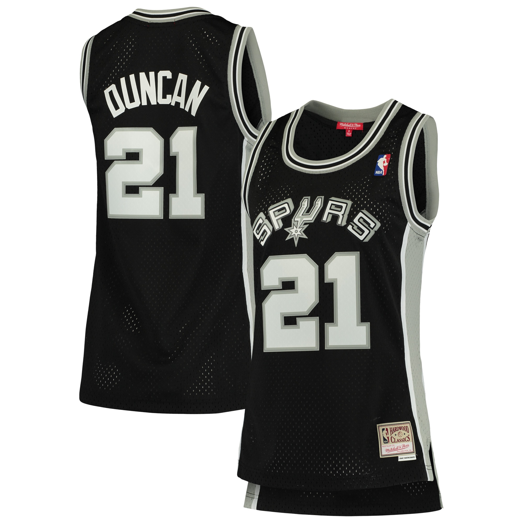 Women's Mitchell & Ness Tim Duncan Black San Antonio Spurs 1998-99 Hardwood Classics Swingman Jersey - JS245