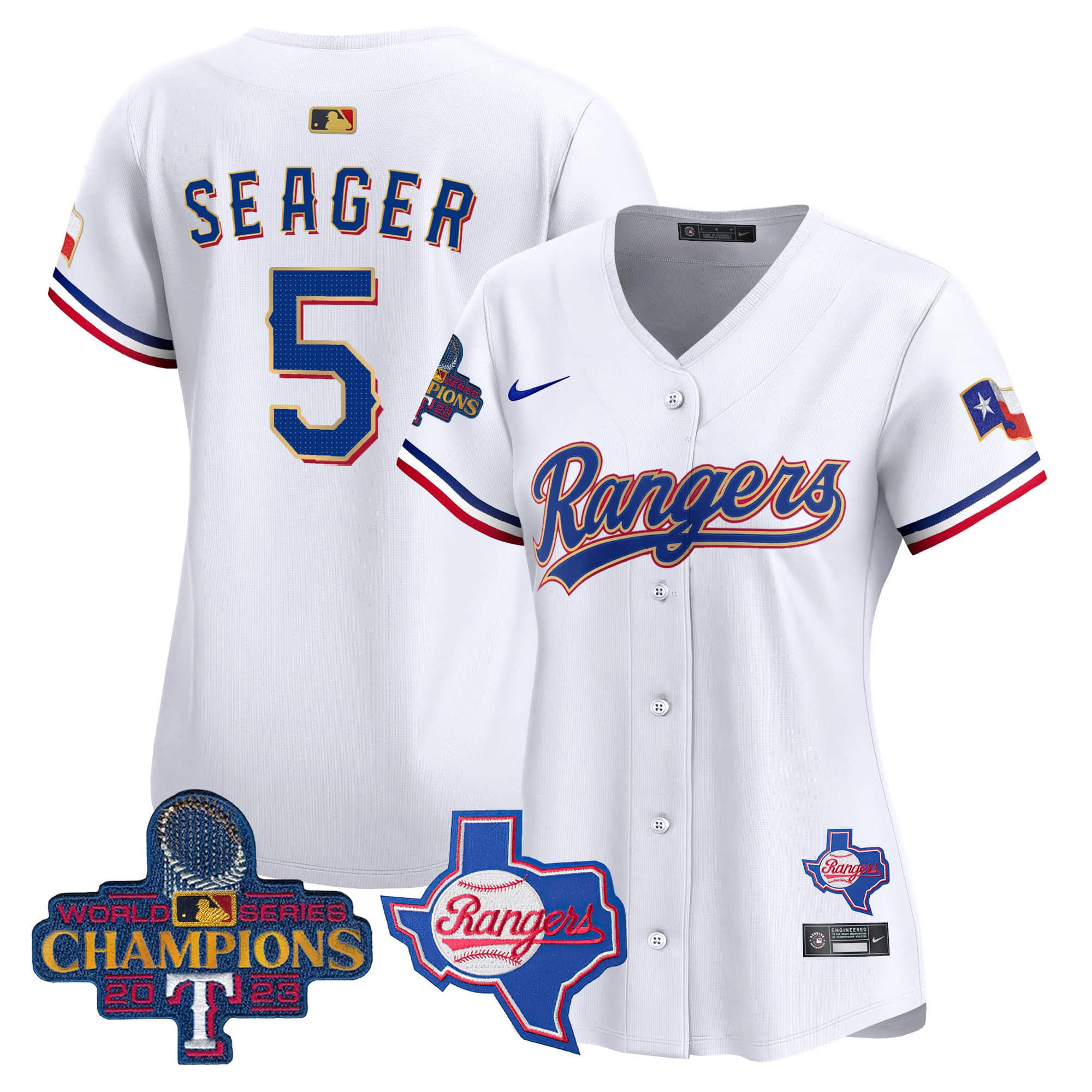 Women's Texas Rangers 2023 World Series Champions Gold Trim Vapor Premier Limited Jersey V2