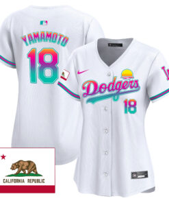 Yoshinobu Yamamoto 18 Los Angeles Dodgers 2024 Los Angeles City Style California Republic Patch Women Jersey - White