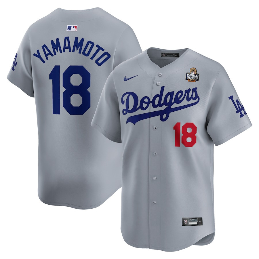Yoshinobu Yamamoto 18 Los Angeles Dodgers 2024 World Series Alternate Limited Player Men Jersey - Gray