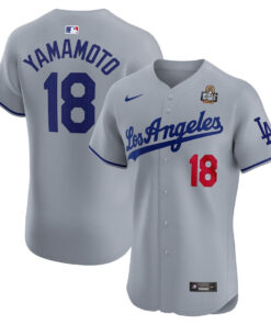 Yoshinobu Yamamoto 18 Los Angeles Dodgers 2024 World Series Road Elite Player Men Jersey - Gray