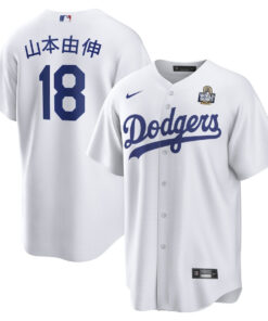 Yoshinobu Yamamoto 18 Los Angeles Dodgers Home 2024 World Series Japanese Lettering Men Jersey - White