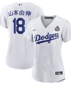 Yoshinobu Yamamoto 18 Los Angeles Dodgers Women's Home 2024 World Series Japanese Lettering Jersey - White