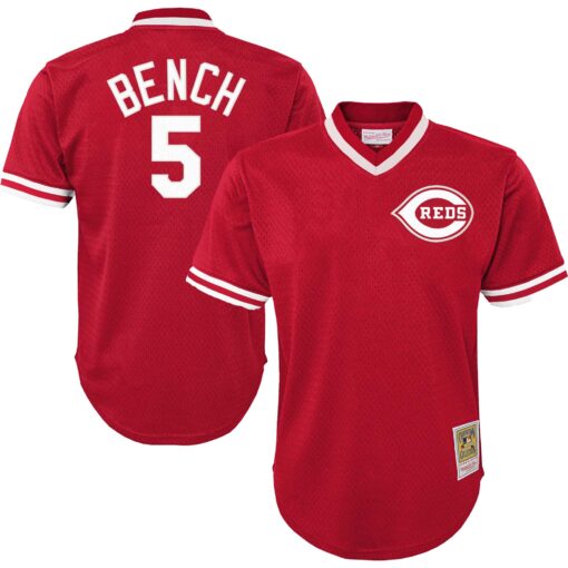 Youth Cincinnati Reds Johnny Bench Mitchell & Ness Red Cooperstown Collection Mesh Batting Practice Jersey