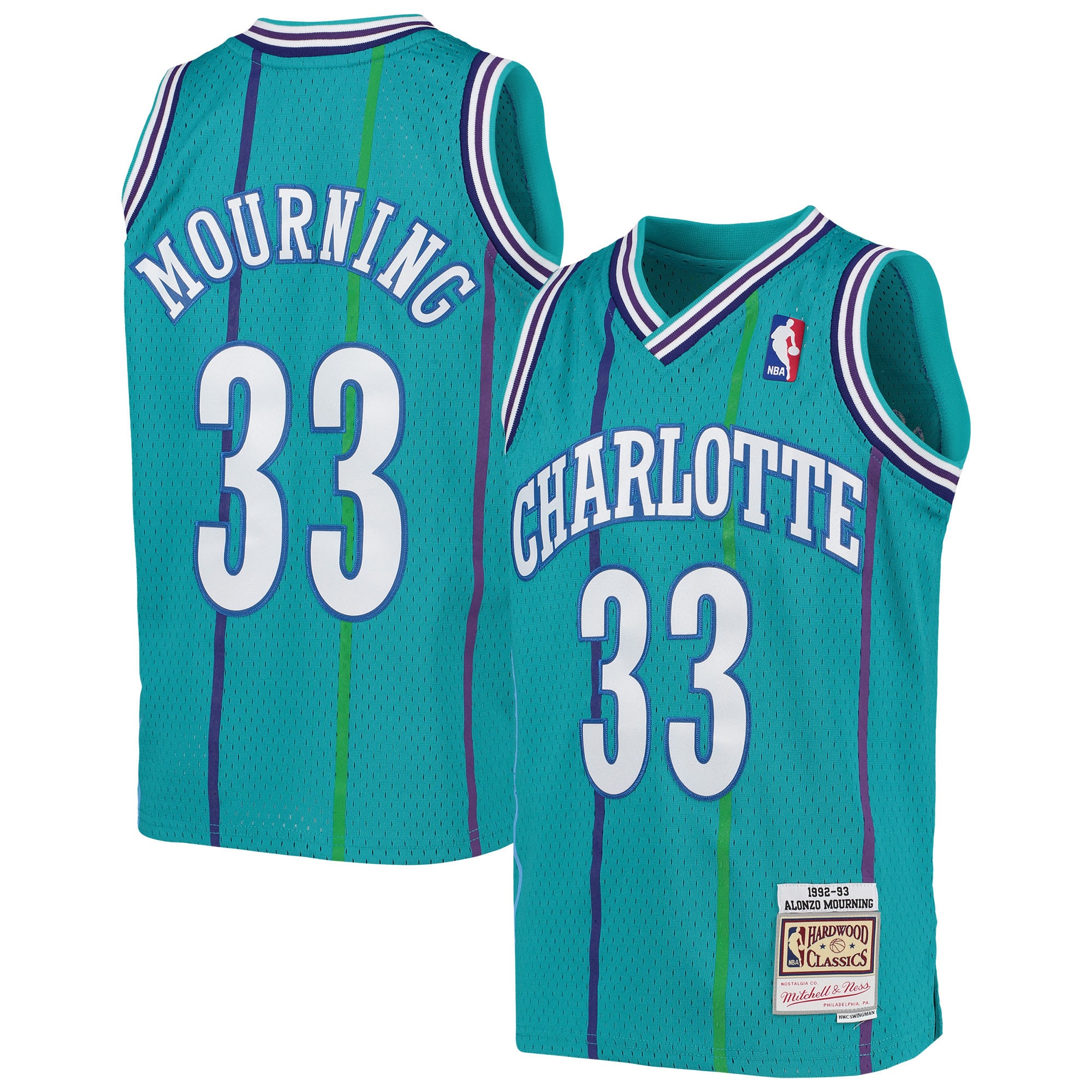 Youth Mitchell & Ness Alonzo Mourning Teal Charlotte Hornets 1992/93 Hardwood Classics Swingman Jersey - JS779