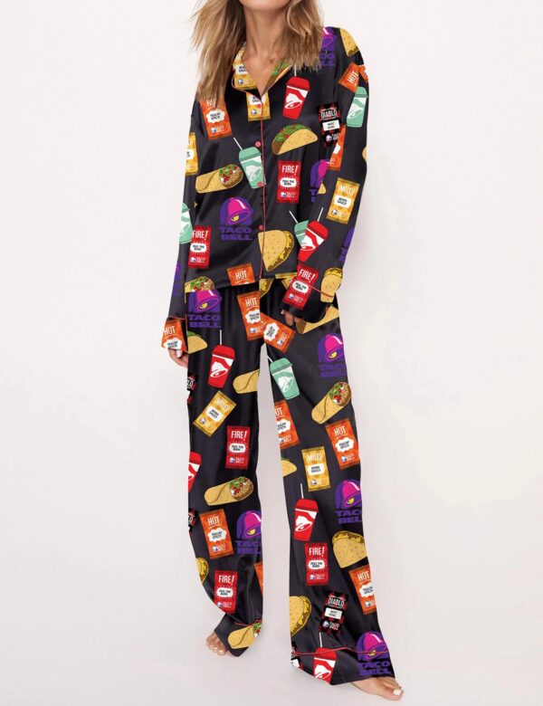 Taco Food Print Silky Casual Long Sleeve Pajama Set for Women - Image 8
