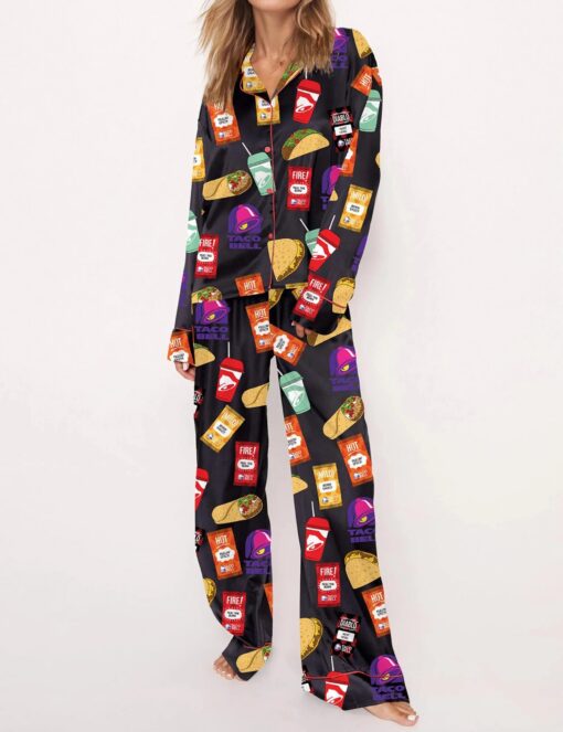 Taco Food Print Silky Casual Long Sleeve Pajama Set for Women - Image 8