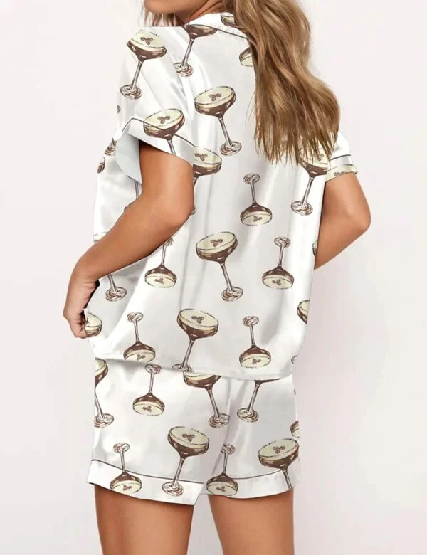Espresso Martini Silky Pajamas for Women Short Sleeve Matching Pajama Set 2 Pieces Nightwear with Side Pockets White - Image 3