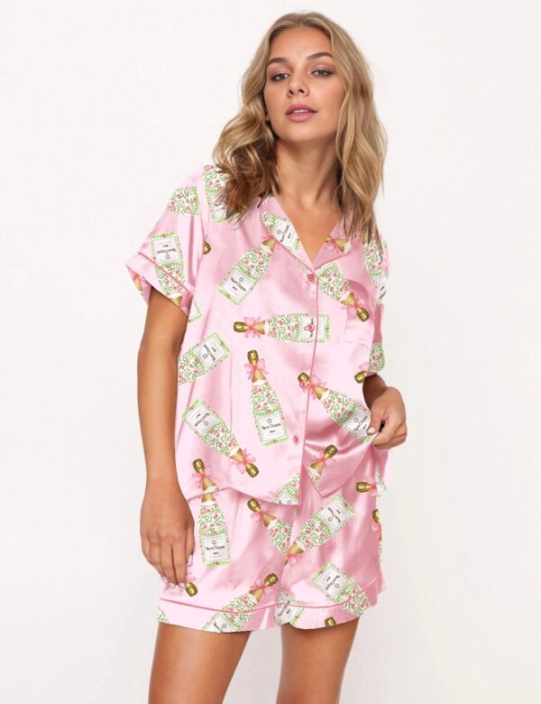 Girly Champagne Bow Silky Casual Short Sleeve Pajama Set for Women, Pink - Image 3