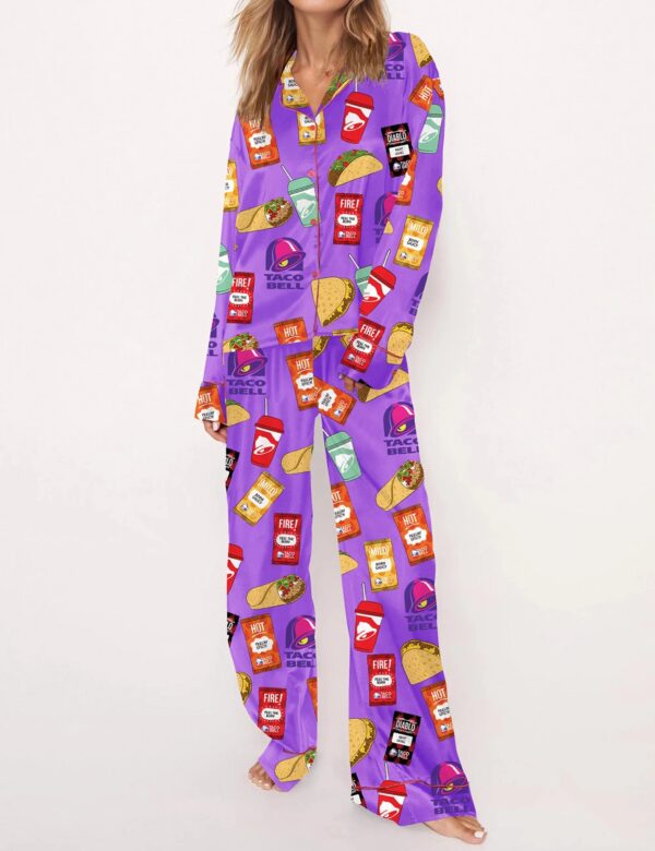 Taco Food Print Silky Casual Long Sleeve Pajama Set for Women - Image 6