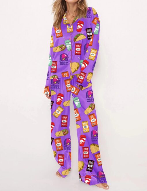 Taco Food Print Silky Casual Long Sleeve Pajama Set for Women - Image 6