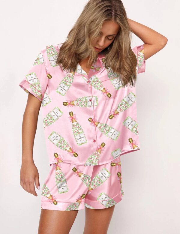 Girly Champagne Bow Silky Casual Short Sleeve Pajama Set for Women, Pink - Image 2