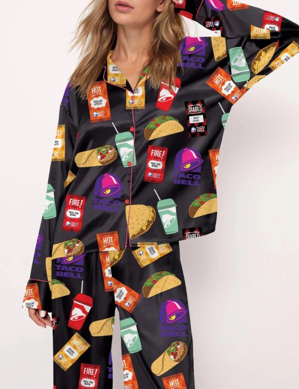 Taco Food Print Silky Casual Long Sleeve Pajama Set for Women - Image 7