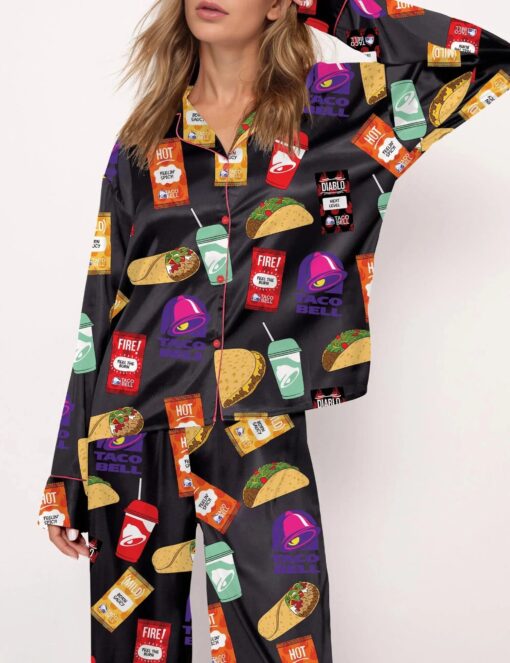 Taco Food Print Silky Casual Long Sleeve Pajama Set for Women - Image 7