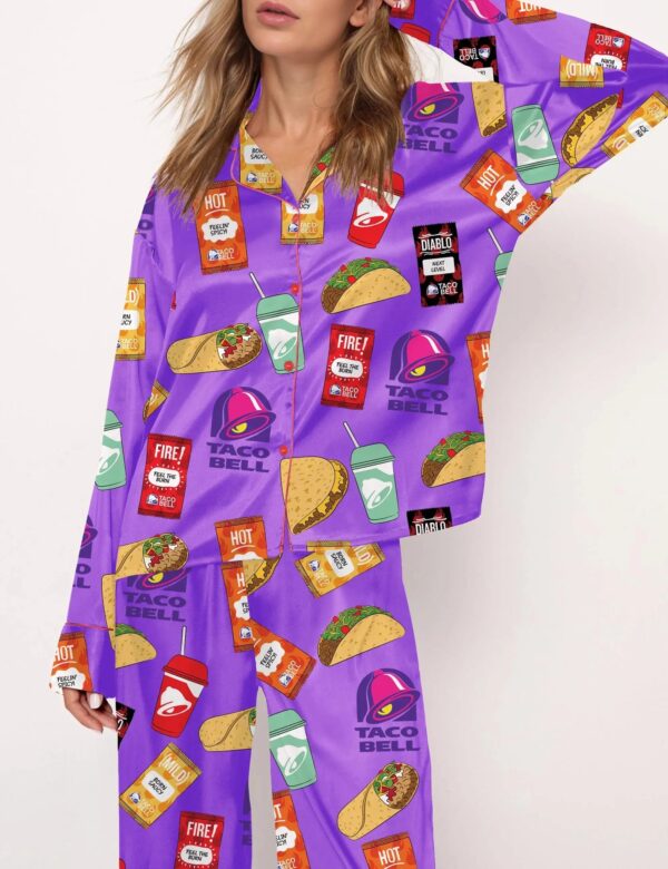 Taco Food Print Silky Casual Long Sleeve Pajama Set for Women - Image 4