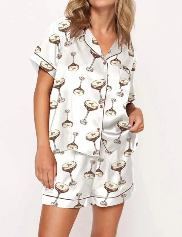 Espresso Martini Silky Pajamas for Women Short Sleeve Matching Pajama Set 2 Pieces Nightwear with Side Pockets White