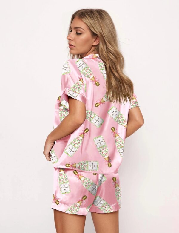 Girly Champagne Bow Silky Casual Short Sleeve Pajama Set for Women, Pink - Image 4