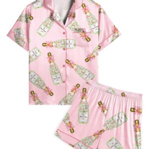 Girly Champagne Bow Silky Casual Short Sleeve Pajama Set for Women, Pink